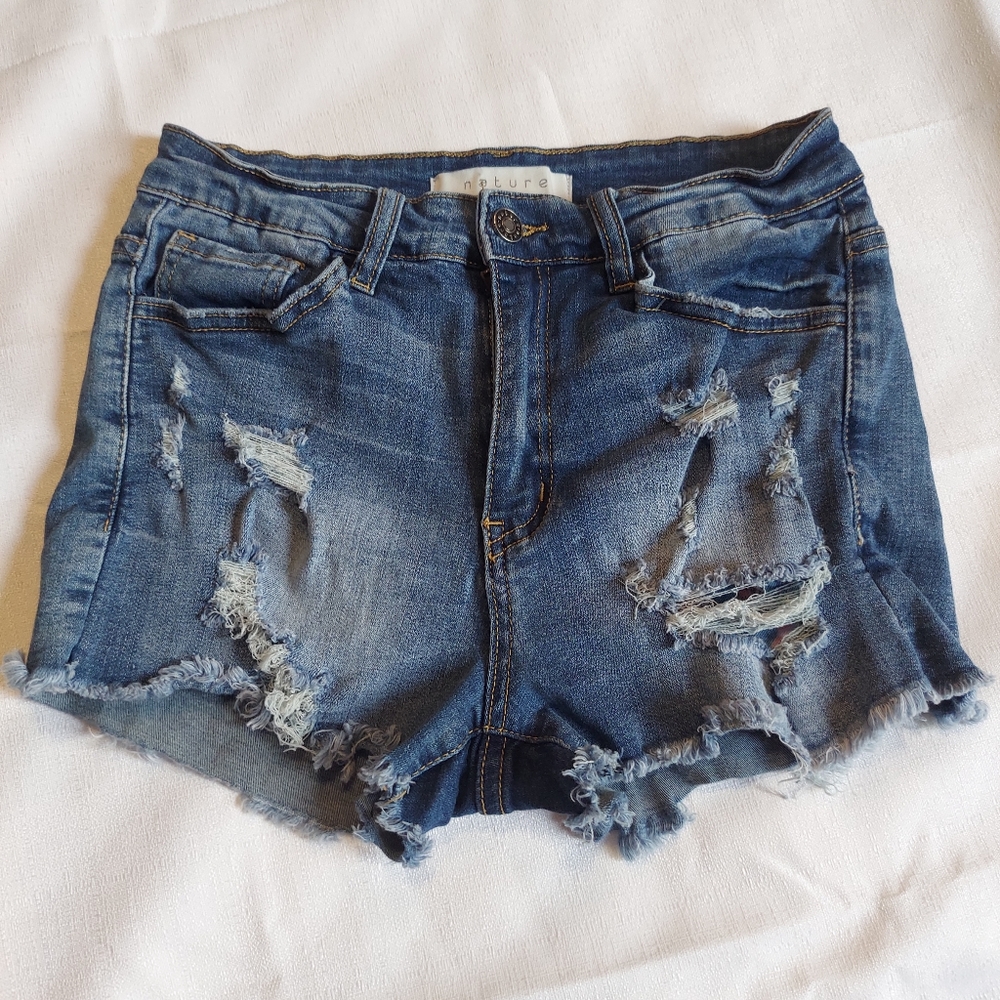Nature Denim Jean Shorts Distressed Factory Raw Edges Size Medium